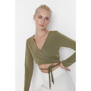 Trendyol Khaki Tie Detailed Crop Knitted Blouse