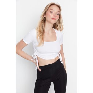 Trendyol White Crop Gather Detailed and Square Collar Sports Blouse
