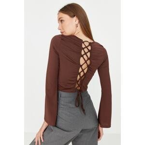 Trendyol Brown Back Detail Crew Neck Flexible Crop Knitted Blouse