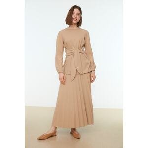 Trendyol Stone Front Tied Skirt Pleated Woven Tunic-Skirt Suit