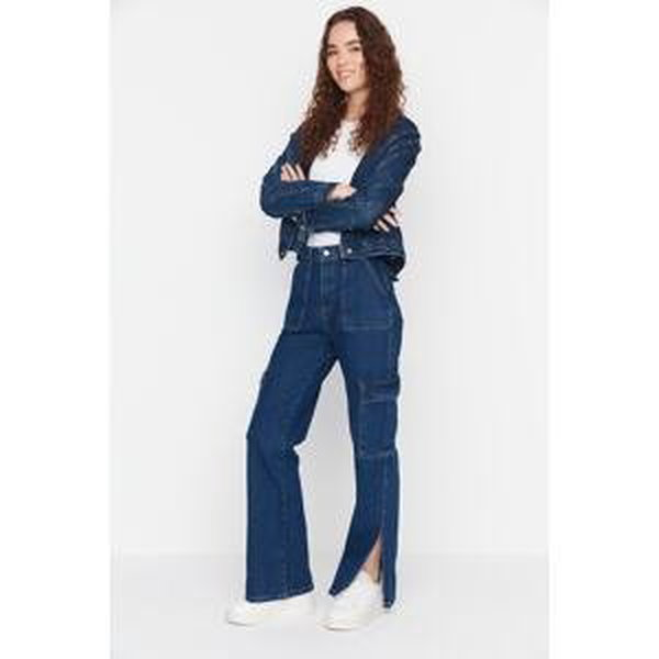 Trendyol Blue Cargo Pocket High Waist Wide Leg Jeans with a Slit