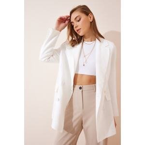 Happiness İstanbul Women's White Textured Linen Oversized Blazer Jacket