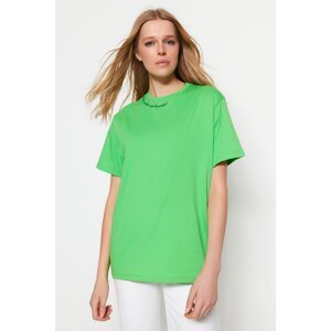 Trendyol Green 100% Cotton Embroidered Boyfriend Crew Neck Knitted T-Shirt