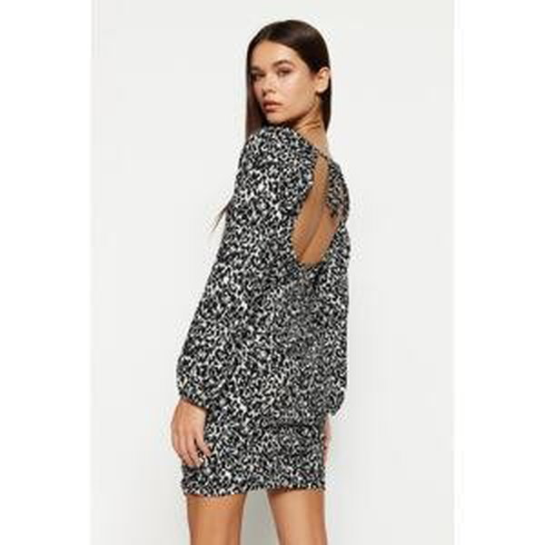 Trendyol Black Printed Fitted/Sleeping Decollete Gathered Detail Mini Knitted Dress
