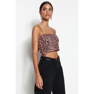 Trendyol Brown Leopard Printed Spaghetti Strap Crop Knitted Blouse