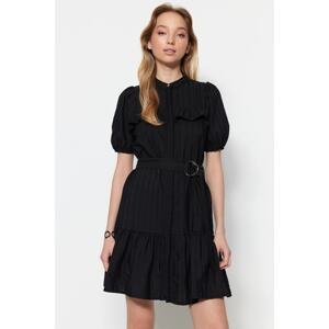 Trendyol Black Belted Mini Woven Embroidery Balloon Sleeve Detailed Shirt Dress