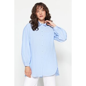 Trendyol Blue Waist Tie Detail Woven Cotton Shirt