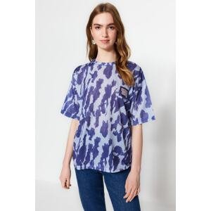 Trendyol Blue Printed and Woven Label Relaxed/Wide Relaxed Cut Crew Neck Knitted T-Shirt