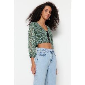 Trendyol Blue Crop Woven Balloon Sleeve Floral Pattern Blouse