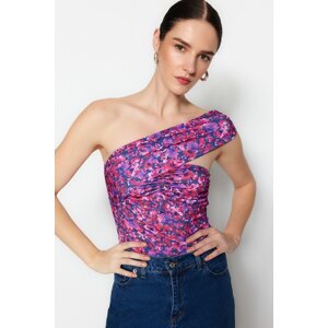 Trendyol Pink Patterned Asymmetric Collar Detailed Fitted/Situated Flexible Snaps Knitted Bodysuit