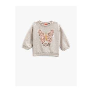 Koton Sweatshirt Butterfly Printed Silvery Long Sleeve Crew Neck