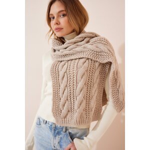 Happiness İstanbul Women's Beige Knitted Detailed Sweater Scarf