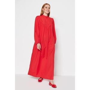 Trendyol Red Front Gathered Detailed Balloon Sleeve Half Pat Cotton Woven Dress