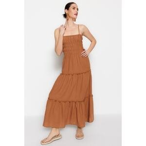 Trendyol Brown Straight Cut Maxi Woven Gipelli Woven Dress