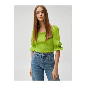 Koton Crop T-Shirt Gimped Balloon Sleeve Square Neck