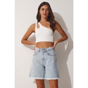 Happiness İstanbul Women's Ice Blue Denim Shorts with Tassels and Stones