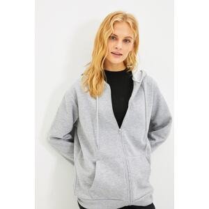 Trendyol Gray Hooded Oversize/Wrap Zipper Thick Fleece Knitted Sweatshirt