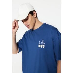 Trendyol Indigo Men's Oversize/Wide Cut City Printed Short Sleeve 100% Cotton T-Shirt