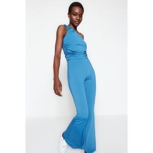 Trendyol Indigo One-Shoulder Gathered and Flare Knitted Two Piece Set