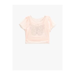 Koton Crop T-Shirt Tulle Lined Butterfly Embroidered