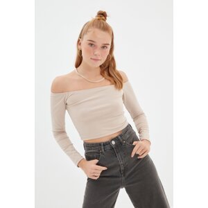 Trendyol Stone Fitted Carmen Collar Crop Stretch Knitted Blouse