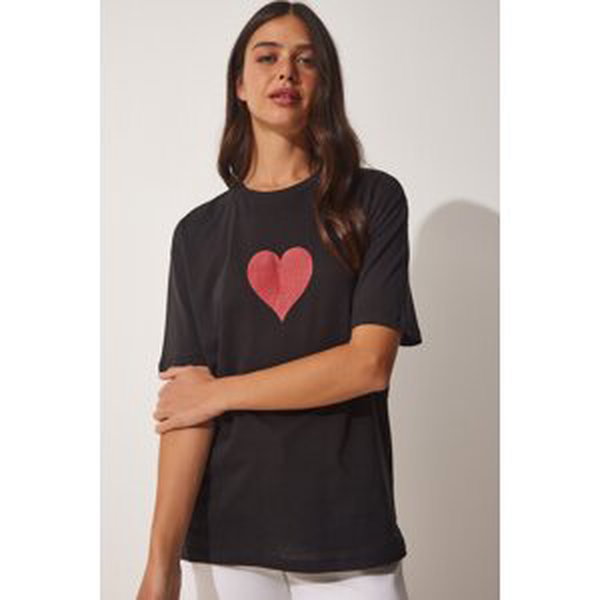 Happiness İstanbul Women's Black Sparkly Heart Printed Oversize Knitted T-Shirt