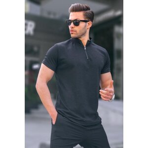 Madmext Men's Zipper Collar Black T-Shirt 6120