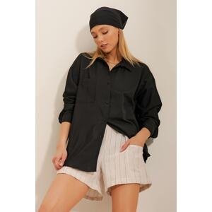 Trend Alaçatı Stili Women's Black Single Pocket Poplin Woven Shirt