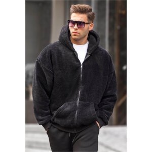 Madmext Black Plush Over Fit Hooded Zippered Men's Sweatshirt 6049