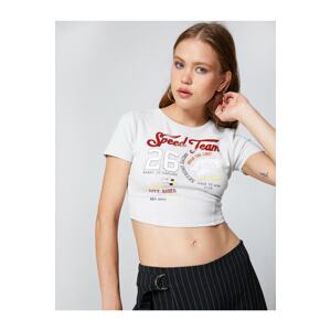 Koton Crop T-Shirt Motto Printed Crew Neck Stitch Detail Cotton