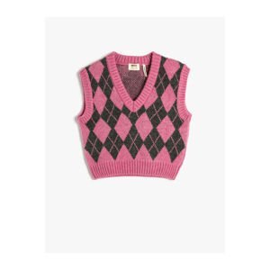 Koton Sweater Diamond Pattern V Neck Soft Textured