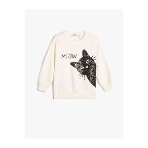 Koton Sweatshirt Cat Stamp-Sequin Embroidered Rose Gold Crew Neck