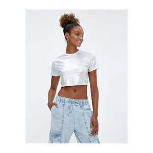 Koton Crop T-Shirt with Metallic Glitter Detail Crew Neck Slim Fit Short Sleeve