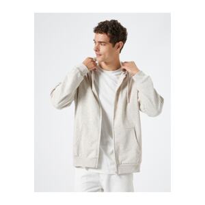 Koton Oversize Zippered Sweatshirt Hooded Pocket Detailed Label Printed Ribbon