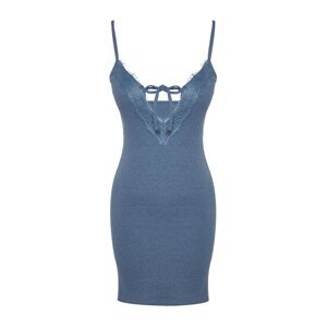 Trendyol Blue Lace and Tie Detailed Corded Cotton Knitted Nightgown