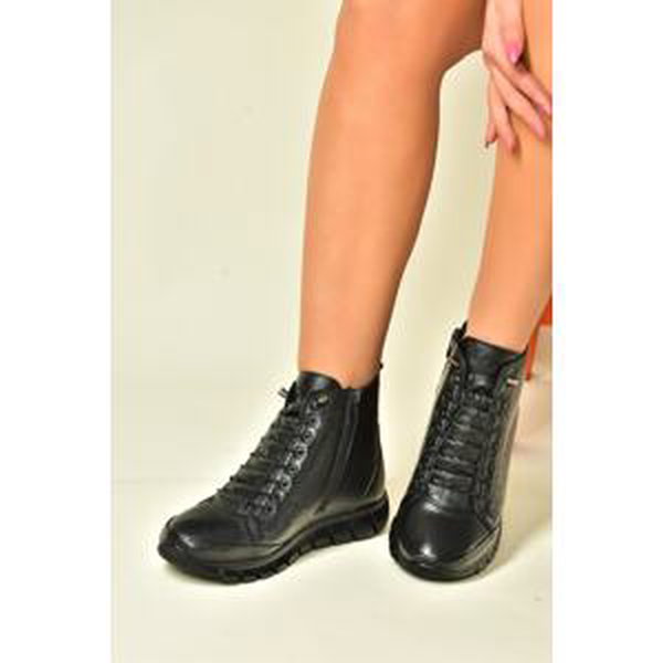 Fox Shoes Black Genuine Leather Comfort Orthopedic Sole Women's Boots