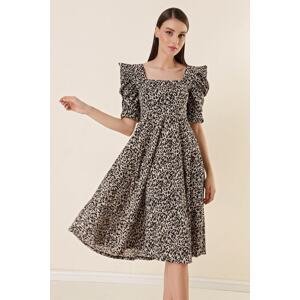 By Saygı Square Collar Leopard Patterned Pleated, Flounce Sleeves Dress Black