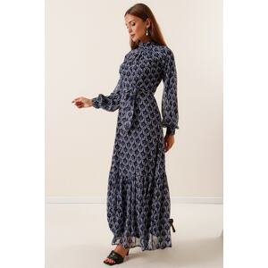 By Saygı Navy Blue Top Pleated Waist Belted Lined Geometric Pattern Long Chiffon Dress