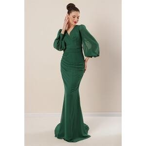 By Saygı Double Breasted Collar Front Gathered Lined Long Chiffon Dress Emerald