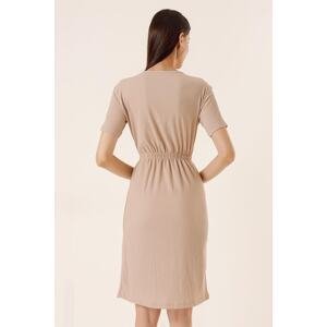 By Saygı Front Shoulder Button Detailed Elastic Waist Short Sleeve Seersucker Dress Beige