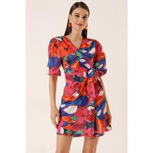 By Saygı Tie Side Double Breasted Neck Short Sleeve Dress Fuchsia