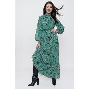 By Saygı Long Leaf Patterned Waist With Pleats and Lined Long Chiffon Dress Green