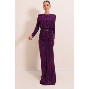 By Saygı Long Sleeve Front Gathered Lined Waist Belt Sequin Long Dress