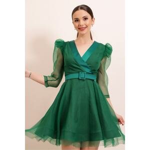 By Saygı Double Breasted Neck Balloon Sleeve Belted Dress