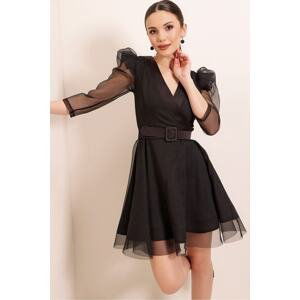 By Saygı Double Breasted Neck Balloon Sleeve Belted Dress