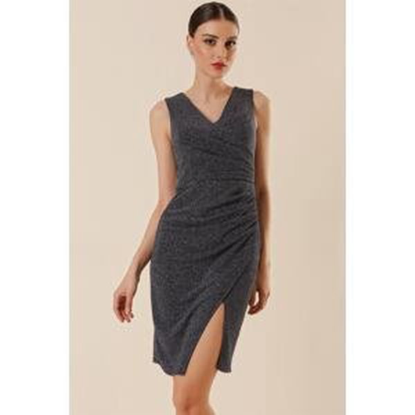 By Saygı Smoked Lycra Lurex Dress with Pleated Chest and Skirt, Lined Front Slit