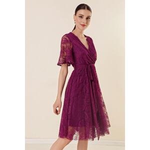 By Saygı Double Breasted Neck Waist Belted Lined Flared Skirt Lace Dress Damson