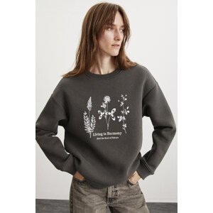 GRIMELANGE Marena Women's Crew Neck Embroidered Gray Sweatshirt with Fleece Insid