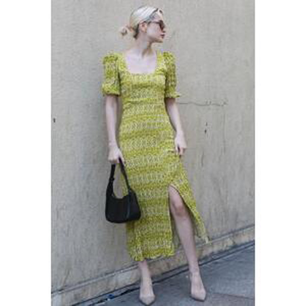 Madmext Yellow Square Neck Patterned Long Dress