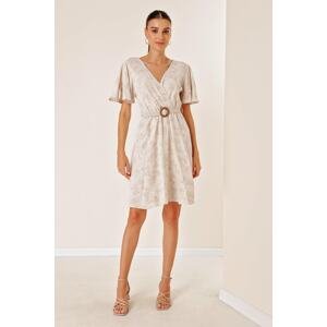 By Saygı Double Breasted Collar Floral Pattern Viscose Linen Dress With Slits and Belted Waist Beige.
